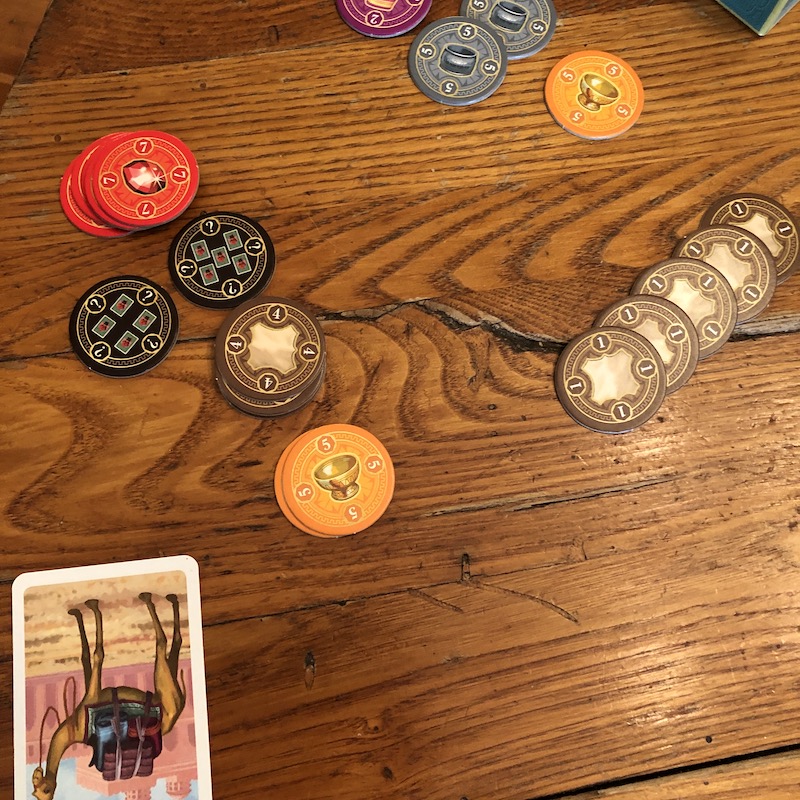 To start playing Jaipur, each player has 3 camels and 5 cards for the market. It’s fun math!